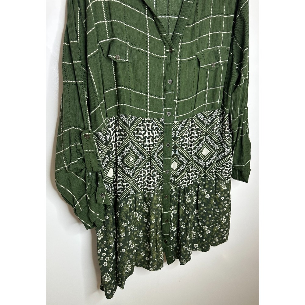 Trueself Mixed Print Plaid Floral Button Tunic Top Green Roll Tab Shirt Size 3X - Picture 5 of 12
